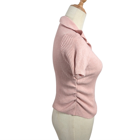 TWEE Pink Ribbed Collared Ruched Sweater Top - Picture 3 of 7